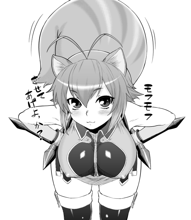 :3 animal_ears antenna_hair bare_shoulders bent_over blazblue blush_stickers boots breasts covered_nipples dr.p greyscale large_breasts makoto_nanaya monochrome short_hair solo squirrel_ears squirrel_tail tail tail_wagging thigh_boots thighhighs tonfa translation_request weapon