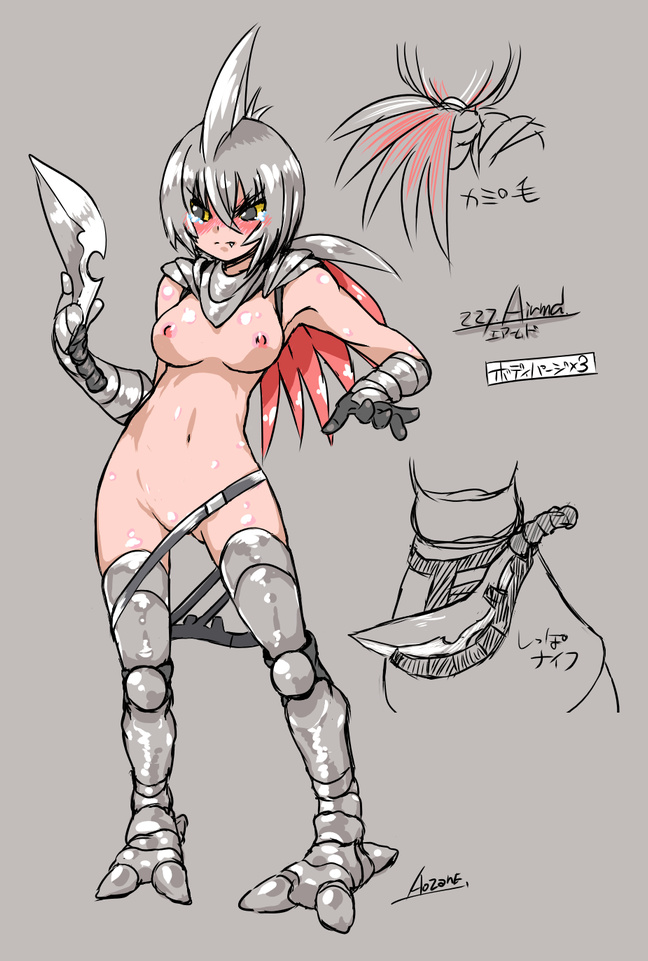 aozane armor black_eyes breasts clothed clothing crying female gauntlets greaves half-dressed human humanized mammal navel nintendo nipples open_mouth partially_clothed pok&#233;mon pok&eacute;mon ponyail ponytail skarmory solo sword topless unconvincing_armor unconvincing_armour video_games weapon yellow_sclera