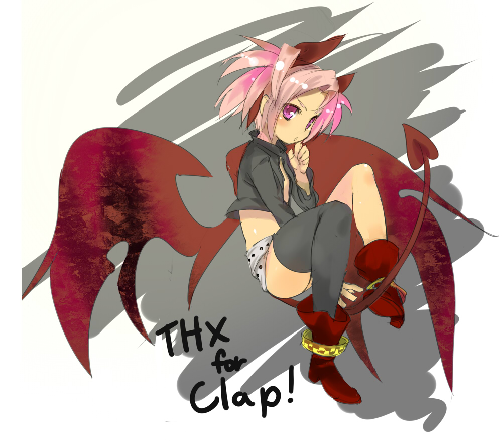 azrael_(shirow) cropped_jacket demon_girl demon_tail demon_wings original pink_hair purple_eyes shirow_(crazy) single_thighhigh solo tail thighhighs twintails wings