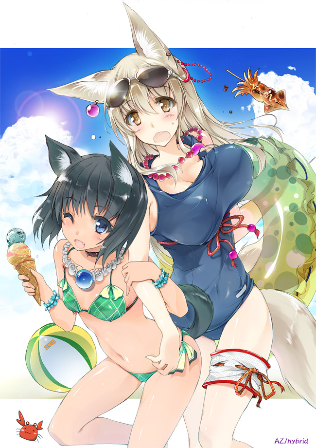 ;d animal_ears ball beachball beads bikini black_hair blue_eyes blush bouncing_breasts breasts cleavage cloud collar crab day earrings fang food fox_ears ice_cream ice_cream_cone ikayaki innertube jewelry large_breasts lens_flare locked_arms magatama multiple_girls multiple_tails navel necklace one-piece_swimsuit one_eye_closed open_mouth original plaid plaid_bikini prayer_beads school_swimsuit silver_hair smile sunglasses swimsuit tail thigh_strap won_(az_hybrid) yellow_eyes