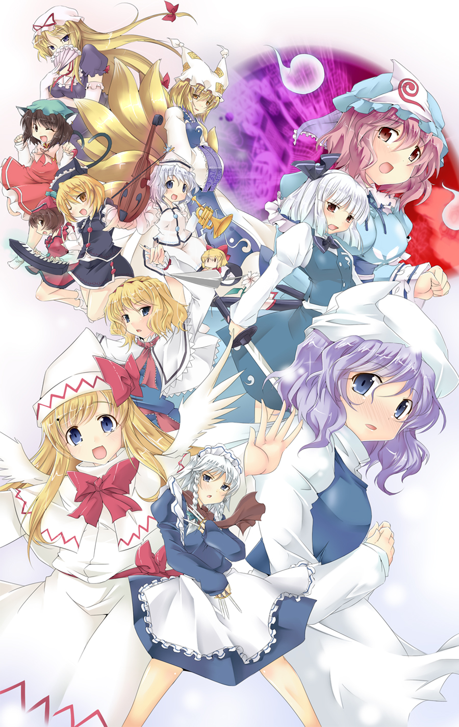 alice_margatroid animal_ears blonde_hair braid brown_hair cat_ears chen fan fox_tail hairband hat highres hitodama instrument izayoi_sakuya katana keyboard_(instrument) knife konpaku_youmu konpaku_youmu_(ghost) lance lavender_hair letty_whiterock lily_white lunasa_prismriver lyrica_prismriver maid maid_headdress merlin_prismriver multiple_girls perfect_cherry_blossom polearm saigyouji_yuyuko scarf sesield shanghai_doll short_hair silver_hair sword tail touhou trumpet twin_braids violin weapon wings yakumo_ran yakumo_yukari