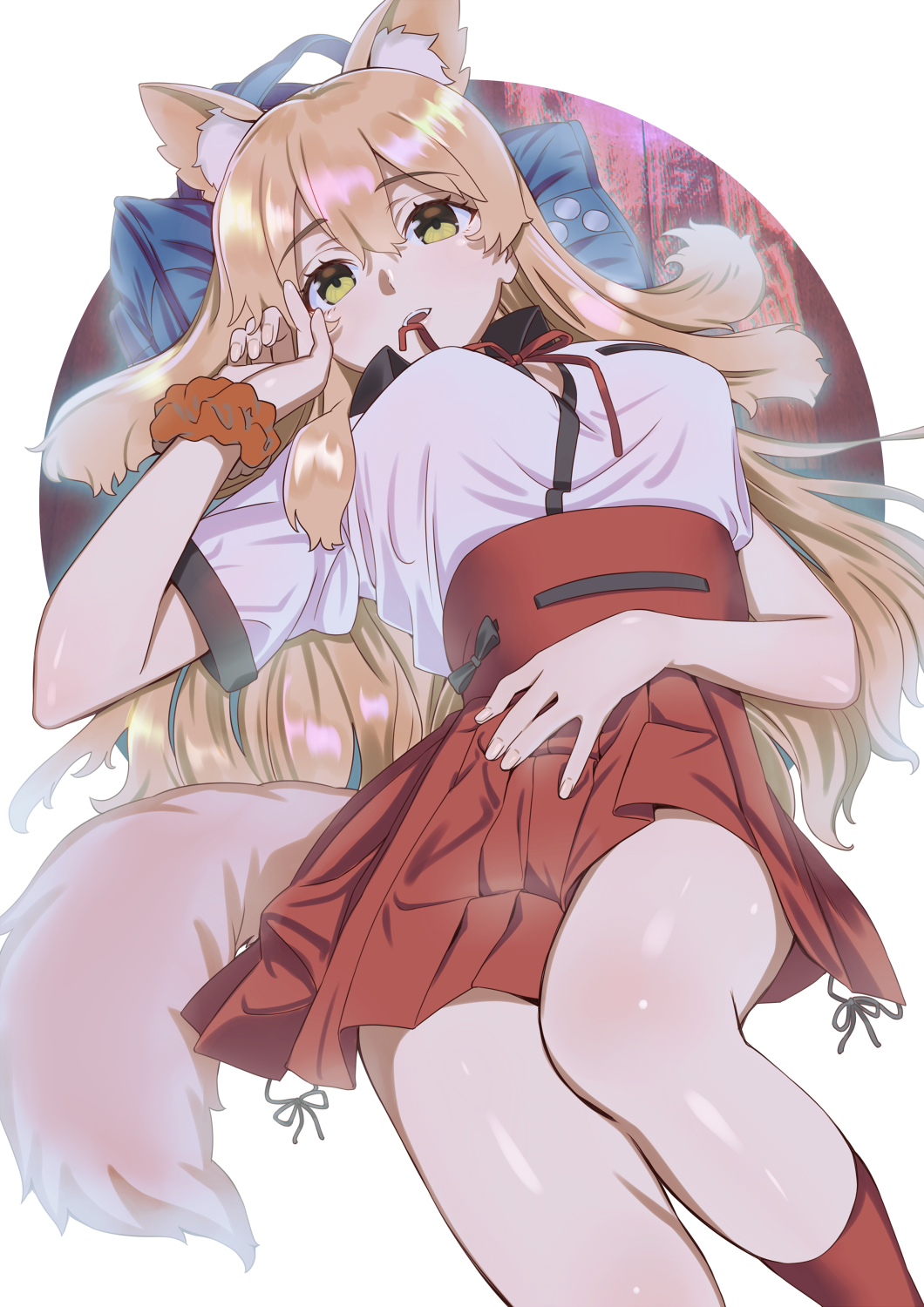1girl animal_ear_fluff animal_ears bag circle comiket_95 commentary_request fate/grand_order fate_(series) feet_out_of_frame fingernails fox_ears fox_girl fox_tail hair_spread_out hand_on_own_stomach highres kneehighs kujuu_shikuro long_hair looking_at_viewer lying mouth_hold obi on_back orange_hair red_legwear red_sash ribbon-trimmed_sash ribbon_trim sash school_bag scrunchie shiny shiny_hair skirt solo suzuka_gozen_(fate) tail wrist_scrunchie yellow_eyes