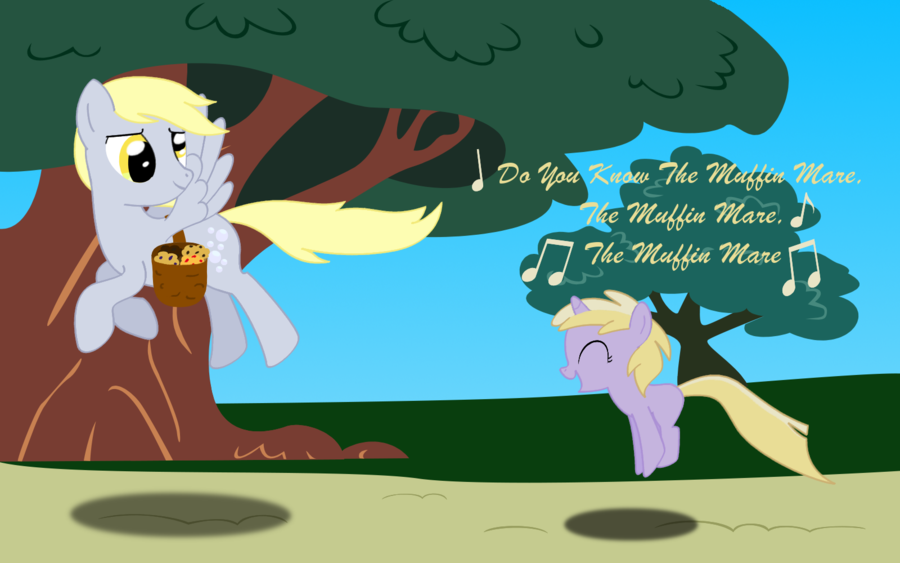 awww blonde_hair cub cute cutie_mark derpy_hooves_(mlp) dinky_hooves_(mlp) english_text equine female feral flying food friendship_is_magic hair hasbro hopping horn long_hair looking_back looking_behind mammal muffin my_little_pony pegasus short_hair singing skipping text unicorn unknown_artist wings young