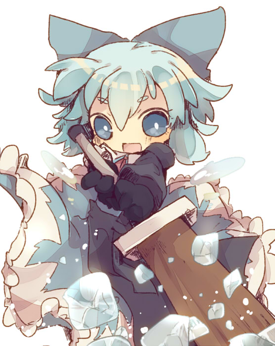 advent_cirno bad_id bad_pixiv_id black_gloves blue_dress blue_eyes blue_hair bow chibi cirno dress gloves hair_bow huge_weapon ice masirosu open_mouth short_hair solo sword touhou weapon wings