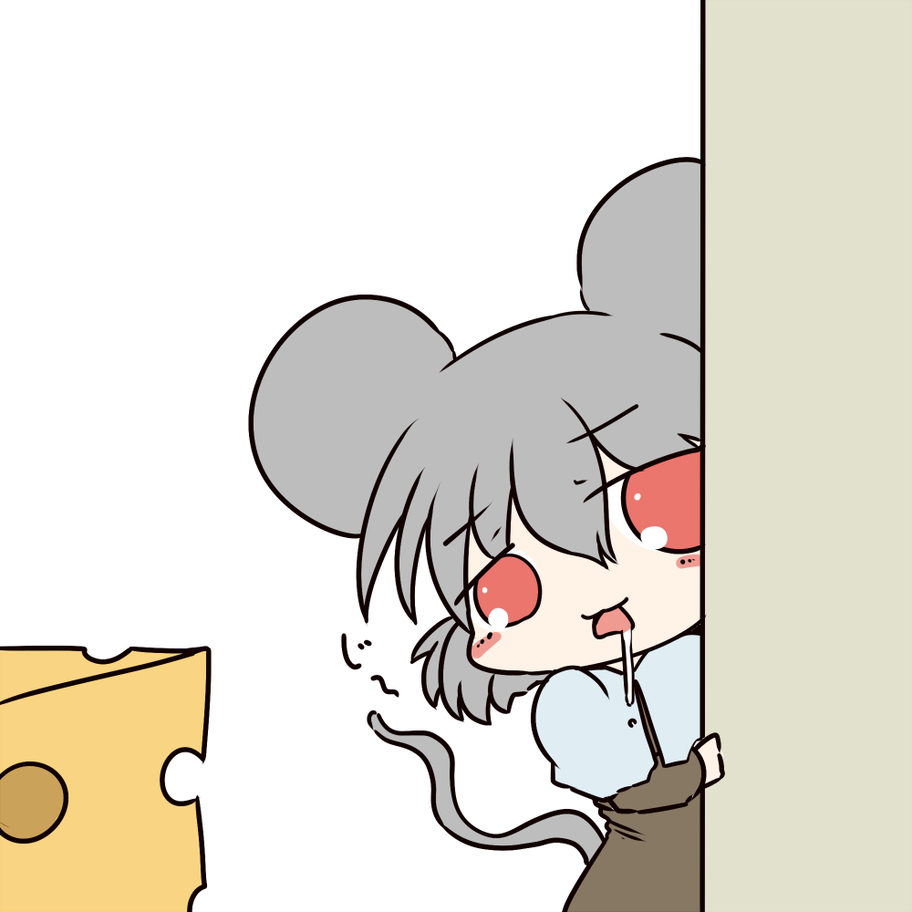 animal_ears blush_stickers brown_dress capelet cheese chibi dekasudachin dress drooling food grey_hair mouse_ears mouse_tail nazrin open_mouth peeking_out red_eyes solo tail touhou