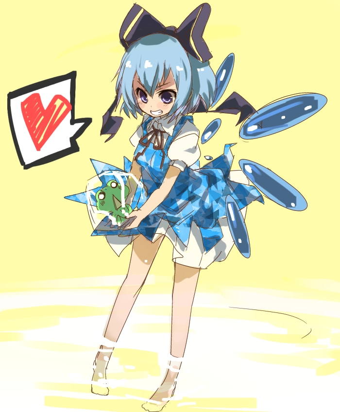 bad_id bad_pixiv_id barefoot blue_eyes blue_hair bow cirno frog frozen frozen_frog grin hair_bow heart ice neck_ribbon ribbon shirow_(crazy) smile solo speech_bubble spoken_heart touhou water wings
