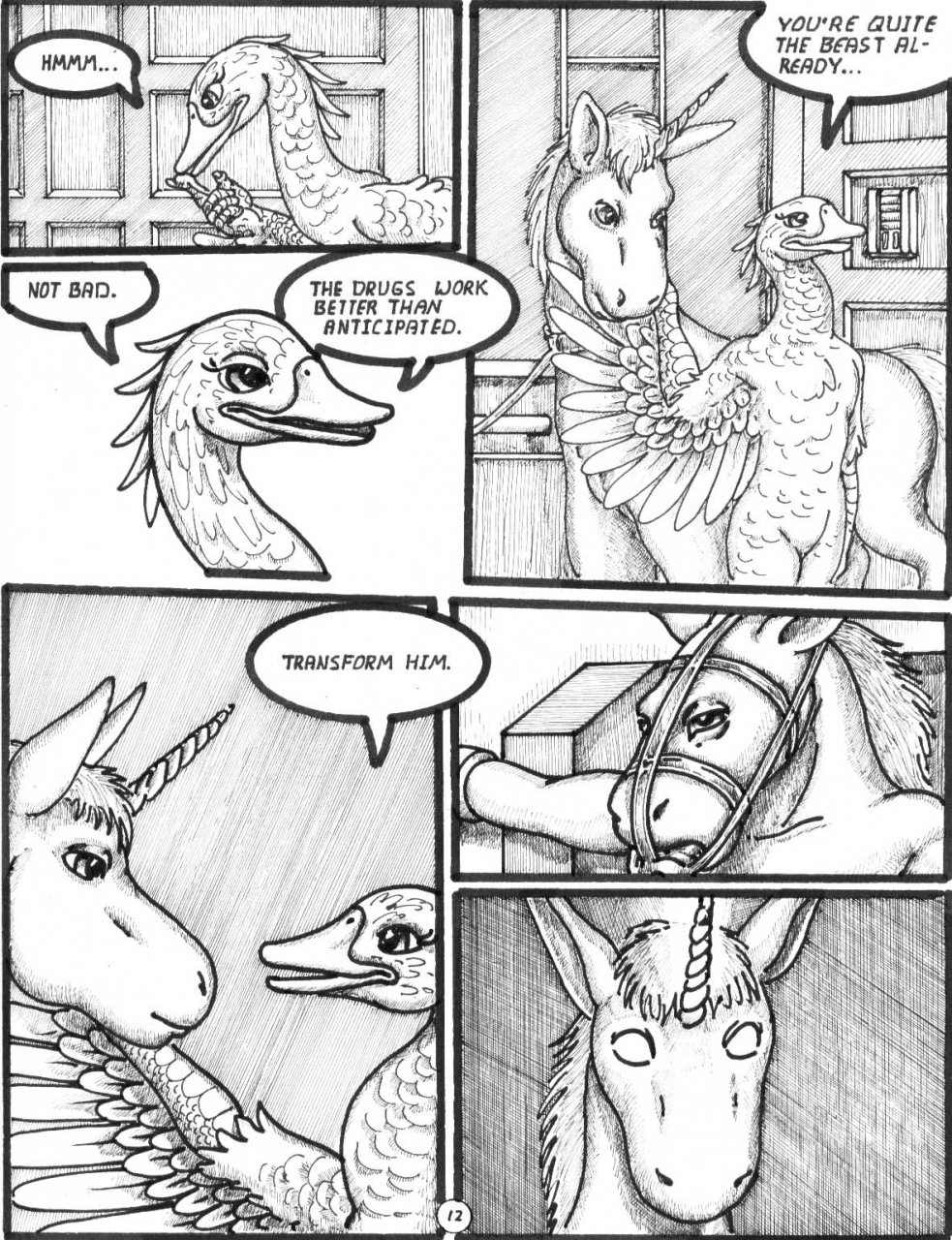 anthro avian bdsm black_and_white bondage bound breasts cock_gag comic criss-crossbreeding donkey equine experiment faithry female feral forced fully_bound gag horn laboratory magic male mammal monochrome muzzle muzzle_(object) muzzled nude small_breasts swan unicorn unknown_artist