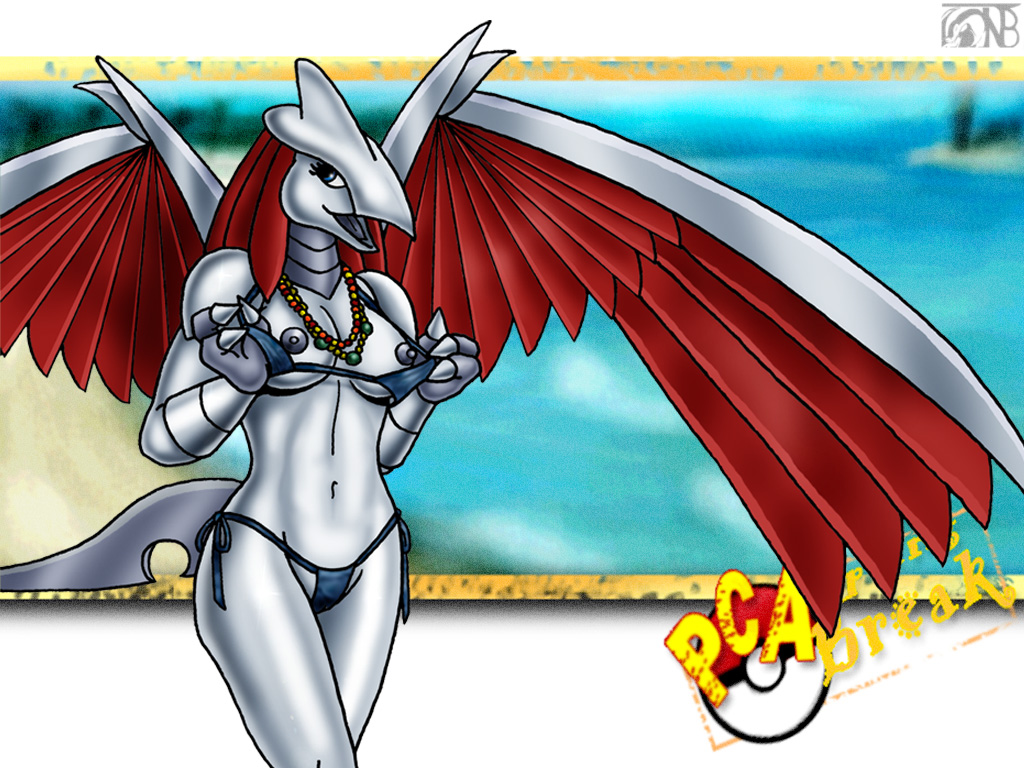 anthro avian bikini blue_eyes breasts carlito clothed clothing female flashing grey grey_body grey_nipples navel necklace nintendo nipples pok&#233;ball pok&#233;mon pok&#233;morph pok&eacute;ball pok&eacute;mon shiny skarmory skimpy solo standing swimsuit tail undressing video_games wings