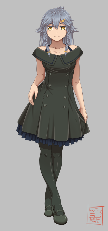 1girl bare_shoulders black_dress black_legwear braid curtsey dress dress_lift grey_background grey_hair hair_between_eyes hair_flaps original pantyhose short_braid sidelocks smile solo thealagator twin_braids yellow_eyes