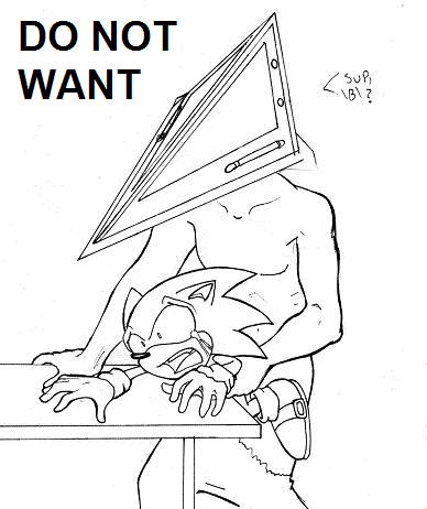anal black_and_white crossover crying dialog do_not_want english_text forced gay hedgehog interspecies male mammal monochrome plain_background pyramid_head rape sega silent_hill sonic_(series) sonic_the_hedgehog table text unknown_artist video_games white_background