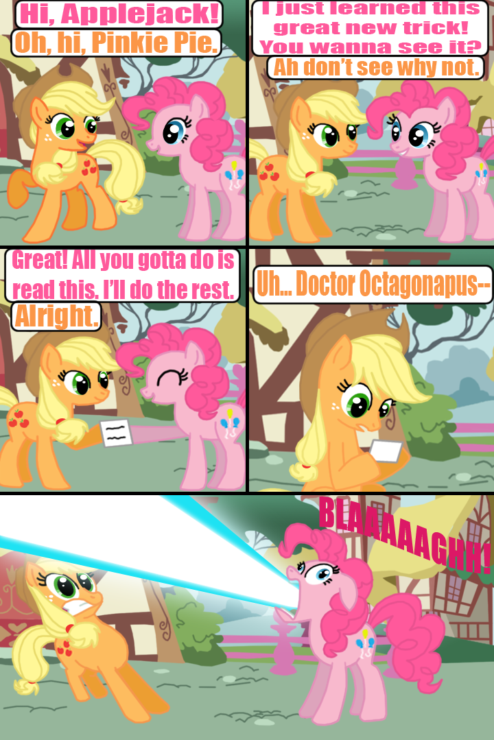 blaaaaaghh! blonde_hair blue_eyes colored_text comic cutie_mark death-driver-5000 dialog duo english_text equine female feral friendship_is_magic fur green_eyes hair hasbro hat horse laser mammal my_little_pony orange_body parody pink_body pink_fur pink_hair pinkie_pie_(mlp) pony ponyville text