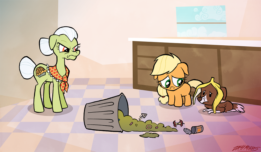 applejack_(mlp) blonde_hair brown_body canine clothing cub cutie_mark dog equine female feral friendship_is_magic garbage granny_smith_(mlp) green_body green_eyes group hair hasbro horn horse inside kitchen mammal my_little_pony orange_body orange_eyes pie pony ponytail red_eyes shawl trash_can trashcan white_hair will_draw_for_food willdrawforfood1 window winona_(mlp) young