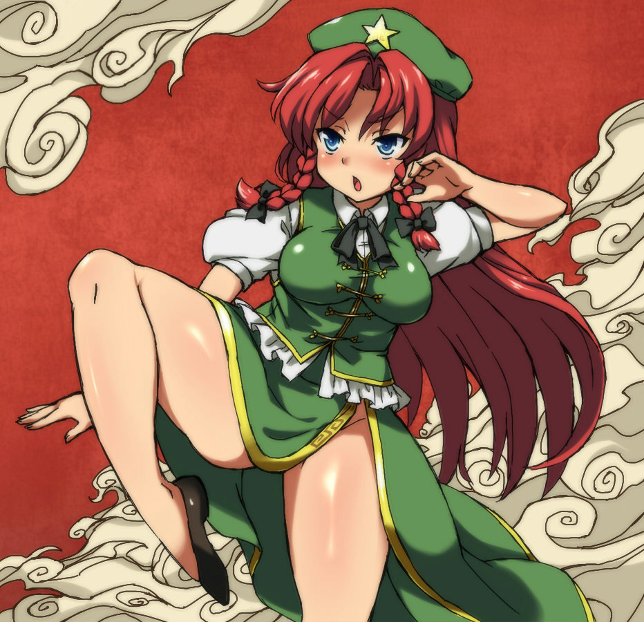 bare_legs beret blue_eyes braid breasts chinese_clothes fighting_stance hat hong_meiling large_breasts leg_up legs long_hair open_mouth red_hair sama_samasa side_slit solo star thick_thighs thighs touhou twin_braids very_long_hair