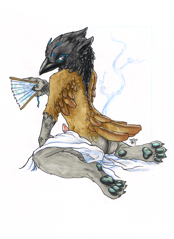 4_toes anthro avian back beak bent_over black_feathers blanket brown_eyes brown_feathers butt claws erection fan girly gryphon hindpaw kneeling looking_at_viewer looking_back male nude pawpads paws penis plain_background pose shalinka solo toe_claws white_background
