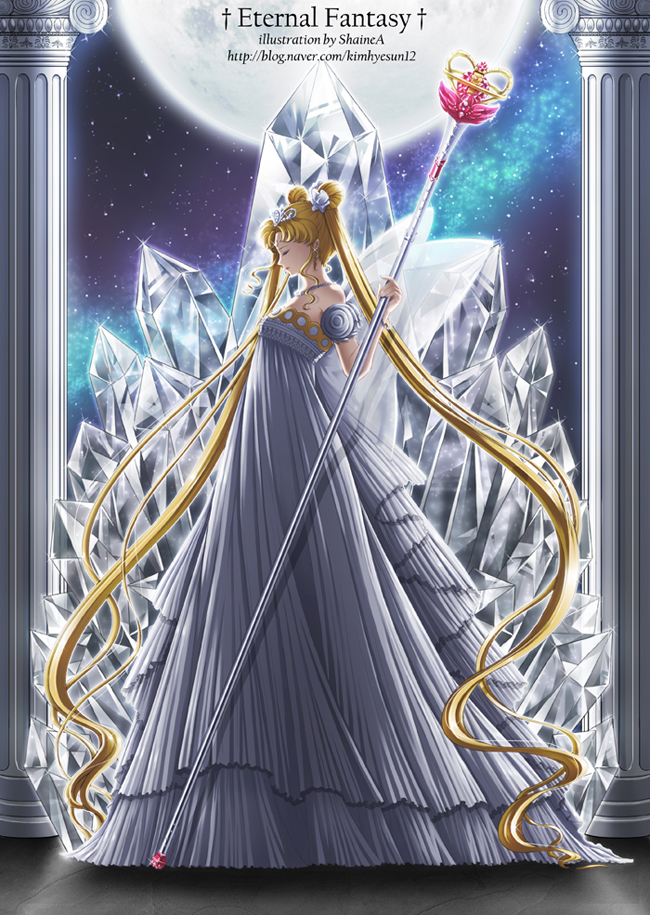 absurdly_long_hair back_bow backlighting bare_shoulders bishoujo_senshi_sailor_moon blonde_hair bow closed_eyes crystal detached_sleeves double_bun dress eternal_tiare from_side full_body full_moon gown long_hair moon neo_queen_serenity night night_sky pillar princess queen scepter shainea short_sleeves sky solo star_(sky) starry_sky tiara tsukino_usagi twintails very_long_hair white_dress