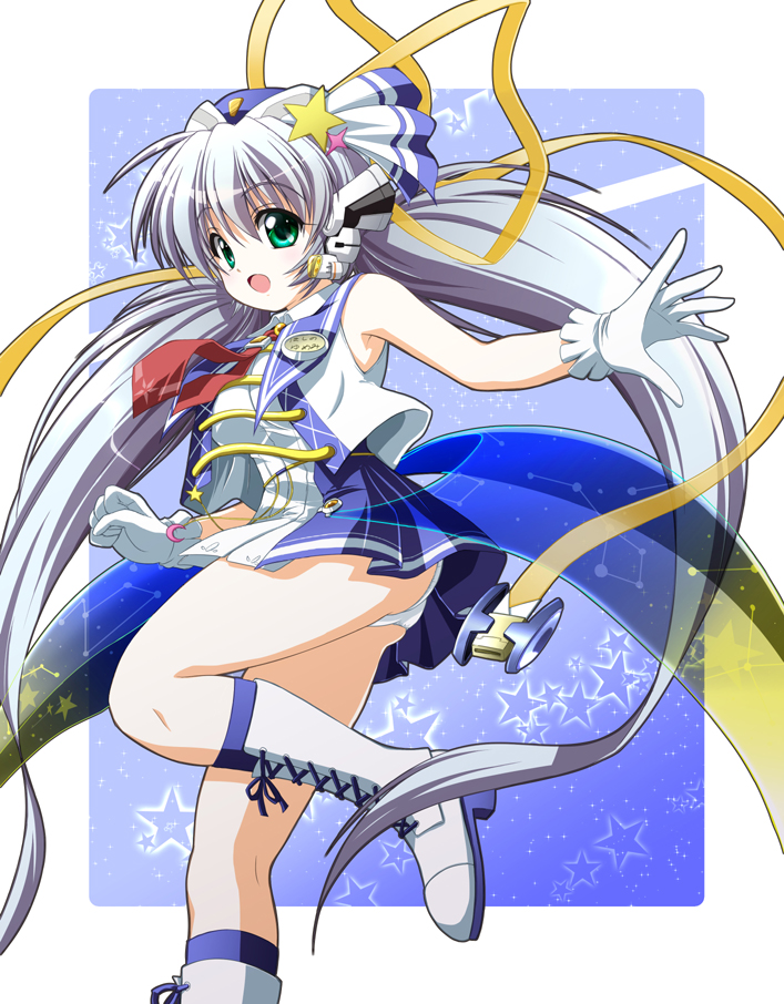 1girl adapted_costume blue_background blue_headwear boots border character_name commentary_request constellation cross-laced_footwear f20_(funimaru) foot_out_of_frame gloves green_eyes grey_hair hair_ornament hair_ribbon hoshino_yumemi long_hair looking_at_viewer low_twintails necktie open_mouth panties pantyshot planetarian pleated_skirt red_necktie ribbon shirt simple_background skirt sleeveless sleeveless_shirt smile solo star_(symbol) star_hair_ornament tareme thighs twintails underwear very_long_hair white_border white_footwear white_gloves white_panties white_shirt yellow_ribbon