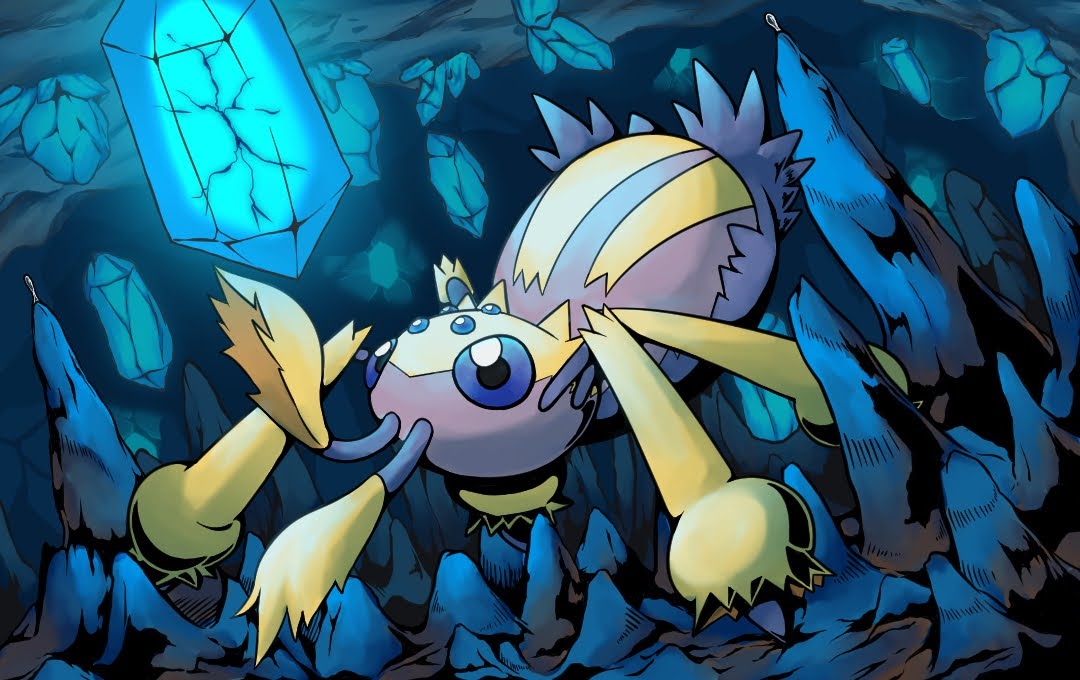 animal_focus blue_eyes bug cave commentary_request crack crystal galvantula no_humans pokemon pokemon_(creature) q-chan solo spider tarantula yellow_fur