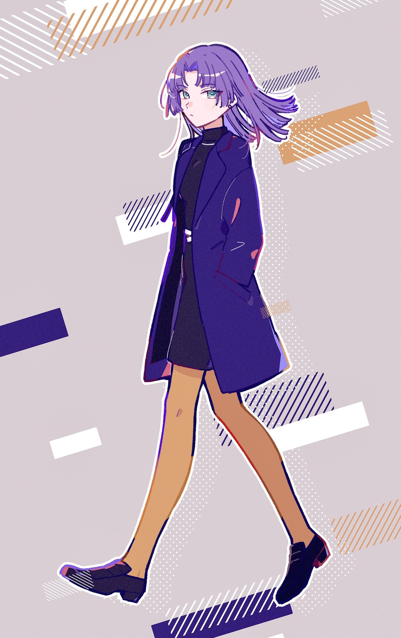 1girl aqua_eyes black_dress blue_coat coat commentary_request dot_mouth dress expressionless floating_hair full_body genderswap genderswap_(mtf) hands_in_pockets highres loafers looking_at_viewer mahoutsukai_no_yakusoku medium_hair murr_hart purple_hair r24422dk7wj1 shoes solo walking