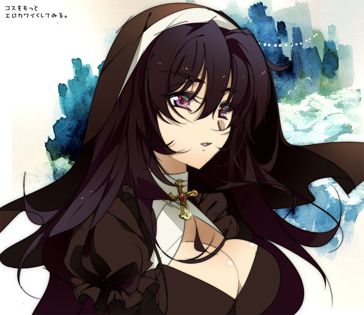 black_hair breasts cleavage cleavage_cutout cross habit hellsing large_breasts long_hair misaka_(missa) nun purple_eyes solo takagi_yumie upper_body