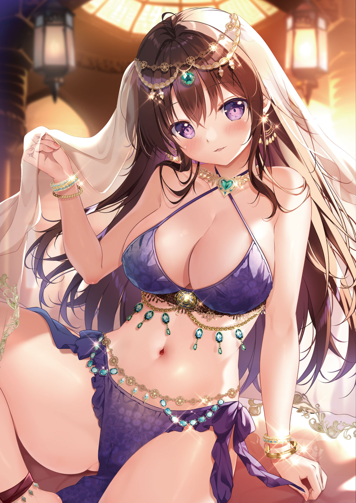 1girl ahoge anklet arm_support bikini bikini_top_only blurry blurry_background blush bracelet breasts brown_hair ceiling_light criss-cross_halter crossed_bangs dancer earrings fingernails gem glint gradient_hair green_gemstone hair_between_eyes halterneck hand_up harem_outfit head_tilt headpiece heart-shaped_gem highres indoors jewelry knee_up lamp large_breasts looking_at_viewer mikeou multicolored_hair navel neck_ring original parted_lips pelvic_curtain purple_bikini purple_eyes purple_hair pussy see-through sitting smile solo stomach swimsuit veil