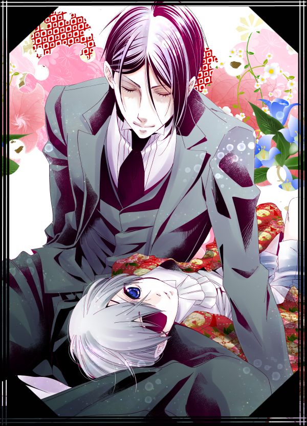 2boys ascot black_hair black_suit blue_eyes butler ciel_phantomhive closed_eyes eyepatch floral_background floral_print grey_hair kuroshitsuji lap_pillow light_smile looking_at_viewer male_focus multiple_boys naoyang02 necktie pale_skin parted_lips patterned_background sebastian_michaelis shorts sitting suit