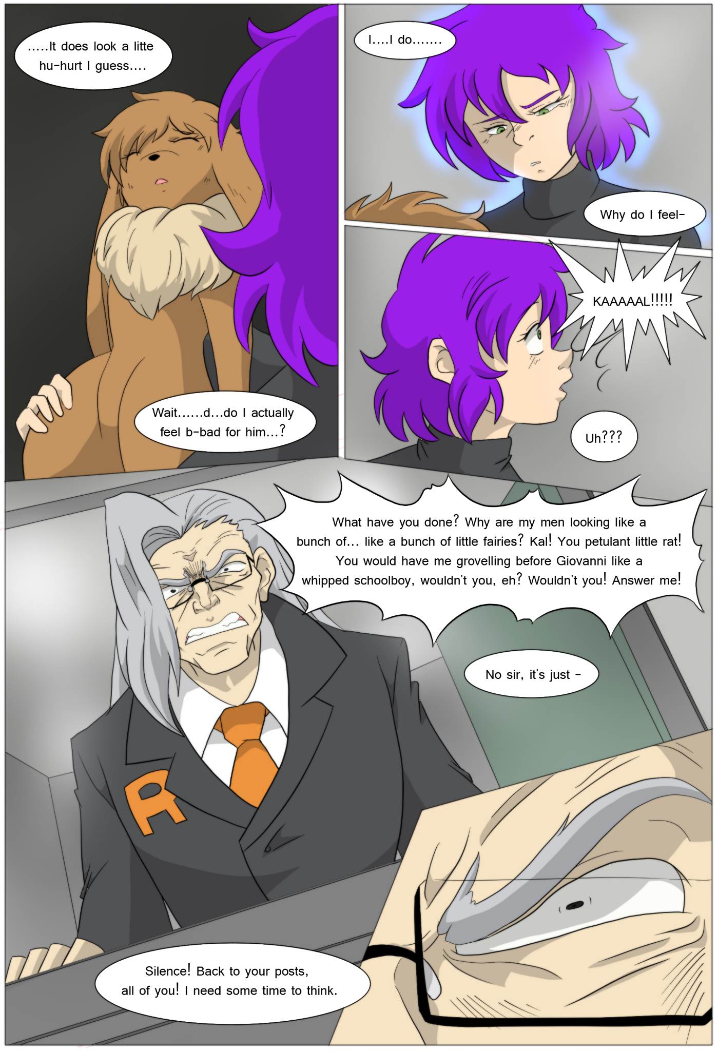 age_difference angry carrying_another clothing colored comic dialogue eevee english_text female feral generation_1_pokemon glowing grey_hair group hair hi_res human insult male mammal nintendo older_male pokemon pokemon_(species) purple_hair scolding speech_bubble suit text tfsubmissions transformation trio unconscious yelling