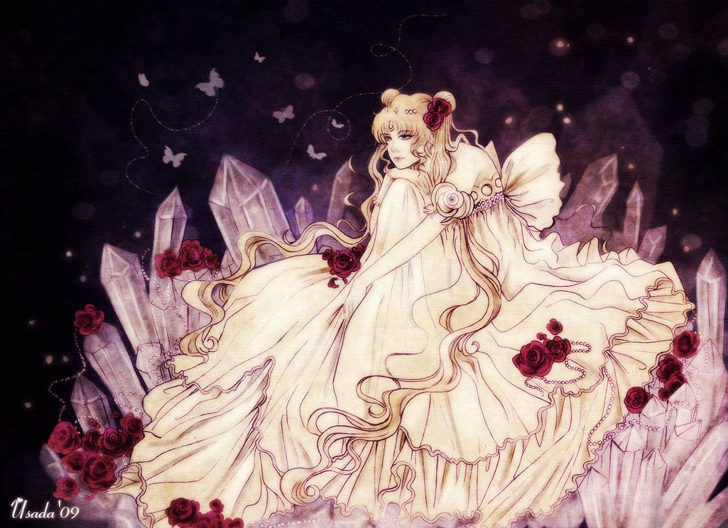 2009 back_bow bare_shoulders bead_bracelet beads bishoujo_senshi_sailor_moon bow bracelet bug butterfly chin_rest dark double_bun dress facial_mark flower forehead_mark full_body gown hair_flower hair_ornament ice insect jewelry long_hair princess_serenity red-priest-usada red_flower red_rose rose sitting solo tsukino_usagi twintails very_long_hair wavy_hair white_dress