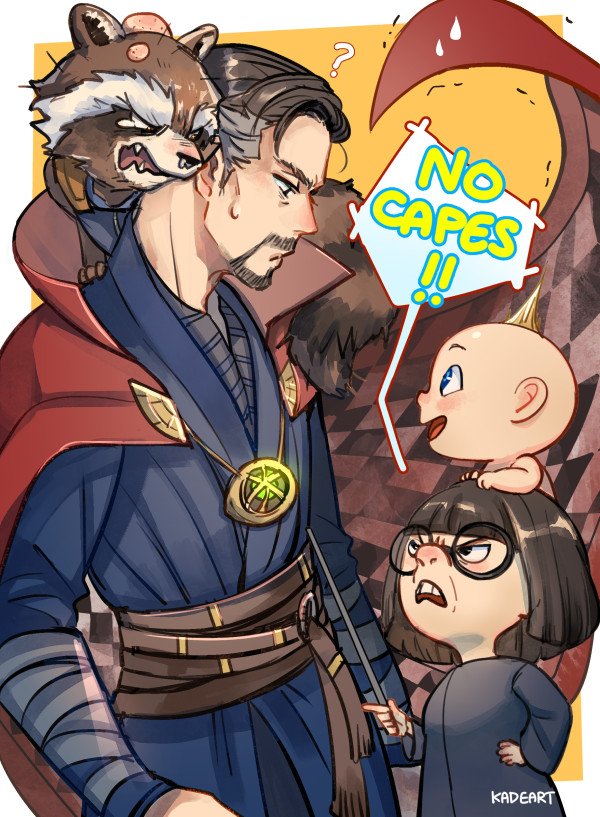 1girl 3boys ? animal_ears animal_nose artist_name avengers:_infinity_war avengers_(series) baby belt black-framed_eyewear black_dress black_eyes black_hair blonde_hair blue_eyes blue_shirt blue_vest blush border brown_belt brown_fur brown_hair checkered_cloak cloak closed_mouth crossover doctor_strange dress edna_mode english_commentary english_text facial_hair fang fangs glasses grey_hair hand_on_own_hip hand_up holding infinity_gems jewelry kadeart looking_at_another looking_down looking_up marvel marvel_cinematic_universe multicolored_hair multiple_boys necklace open_mouth orange_background outside_border raccoon raccoon_ears raccoon_tail red_cloak rocket_raccoon round_eyewear shirt short_hair simple_background smile speech_bubble spiked_hair standing sweatdrop tail tassel teeth the_incredibles two-sided_cloak two-sided_fabric two-tone_hair v-shaped_eyebrows vest white_border zipper