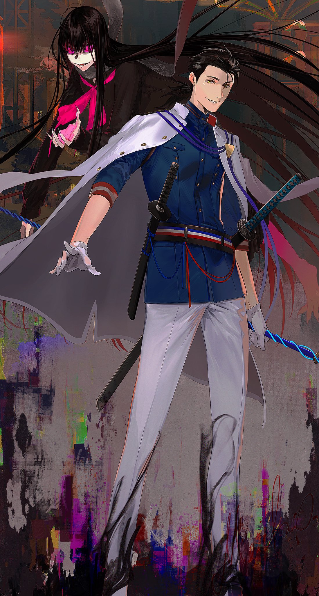 1boy 1girl black_hair black_shirt blue_jacket coat coat_on_shoulders fate/grand_order fate_(series) fingernails gloves grin highres holding holding_weapon jacket long_hair multiple_swords neckerchief open_mouth oryou_(fate) pants pink_neckerchief revision sakamoto_ryouma_(fate) sharp_fingernails shirt short_hair smile very_long_hair weapon white_coat white_gloves white_pants yellow_eyes ziege113