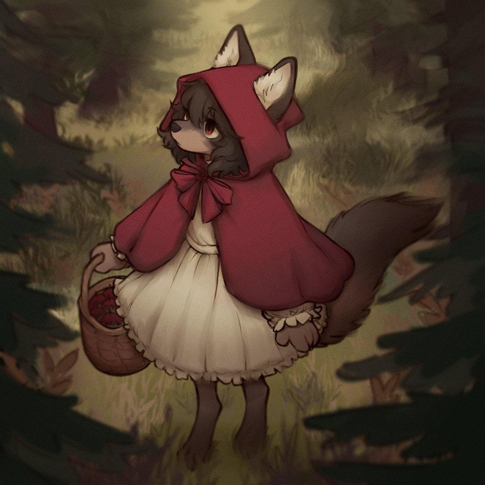 anthro apple bangs barefoot basket bird's-eye_view black_nose brown_body brown_eyes brown_fur canid canine canis cape cloak clothing container digitigrade dress fairy_tales feet female fluffy fluffy_hair fluffy_tail food forest fruit fur grass hair high-angle_view hood little_red_riding_hood little_red_riding_hood_(copyright) mammal plant red_clothing red_eyes ribbons solo standing tail tateoftot tree walking white_clothing white_dress wolf young