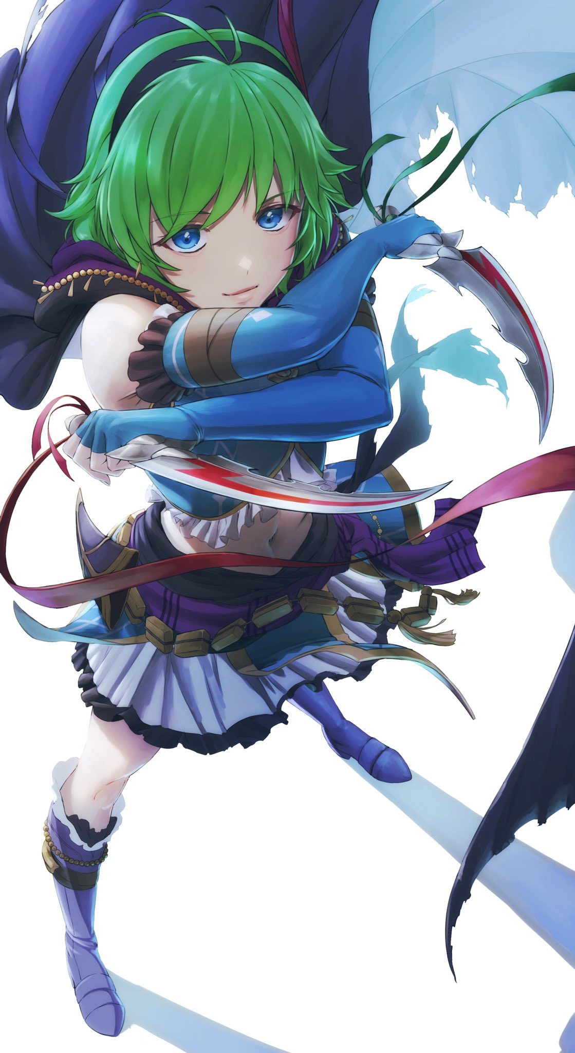 1girl aduti_momoyama antenna_hair black_hairband blue_eyes blue_gloves boots cape closed_mouth commentary_request dagger dual_wielding elbow_gloves fingerless_gloves fire_emblem fire_emblem:_the_blazing_blade fire_emblem_heroes floating_cape gloves green_hair hairband highres holding holding_dagger holding_knife holding_weapon knee_boots knife legs_apart miniskirt navel nino_(fang's_heart)_(fire_emblem) nino_(fire_emblem) purple_footwear shadow short_hair skirt smile solo standing weapon white_skirt