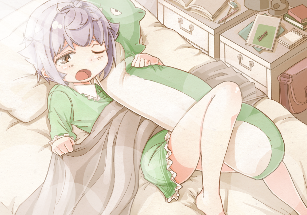 1girl bed blanket blush briefcase brown_eyes collared_shirt commentary_request day dress_shirt feet_out_of_frame frilled_skirt frills green_pajamas green_shirt green_skirt grey_hair hair_flaps hair_intakes idolmaster idolmaster_cinderella_girls idolmaster_cinderella_girls_starlight_stage indoors knee_up koshimizu_sachiko long_sleeves looking_at_viewer lying on_back one_eye_closed open_mouth pajamas pillow pina_korata puffy_long_sleeves puffy_sleeves school_briefcase shirt skirt solo sunlight waking_up yukie_(kusaka_shi)