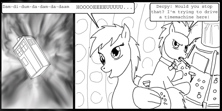 clothing collar comic control_panel cutie_mark derpy_hooves_(mlp) doctor_whooves_(mlp) english_text equine female feral friendship_is_magic greyscale hasbro horse mammal monochrome my_little_pony mylittlebrony pegasus pony sonic_screwdriver tardis text wings