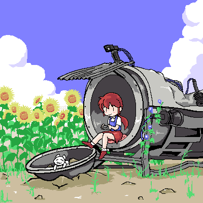 13th_coffin 1girl camera cat cloud corrugated_galvanised_iron_sheet day dithering flower jaggy_lines low_ponytail lowres oekaki original plant red_footwear red_skirt security_camera sitting skirt smile solo sunflower vines