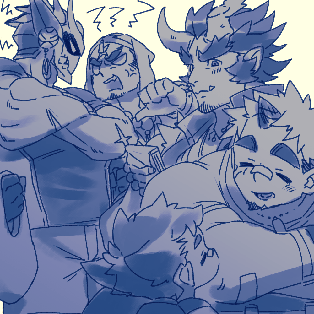5boys ^_^ akiha_gongen_(housamo) alternate_facial_hair anger_vein arguing bag bandaid bandaid_on_face bandaid_on_nose bara blue_theme broken_horn closed_eyes cross_scar crossed_arms demon_boy demon_horns extra_arms facial_hair fiery_horns fighting from_below furrowed_brow goatee goatee_stubble happy horns houzouin_oniwaka huge_eyebrows large_pectorals long_sideburns mask mature_male mid_(mid_skb) multiple_boys muscular muscular_male pectorals plastic_bag pointing pointing_at_self protagonist_1_(housamo) scar scar_on_cheek scar_on_face scar_on_forehead shiva_(housamo) sideburns single_horn smile takemaru_(housamo) thick_eyebrows tokyo_afterschool_summoners v-shaped_eyes