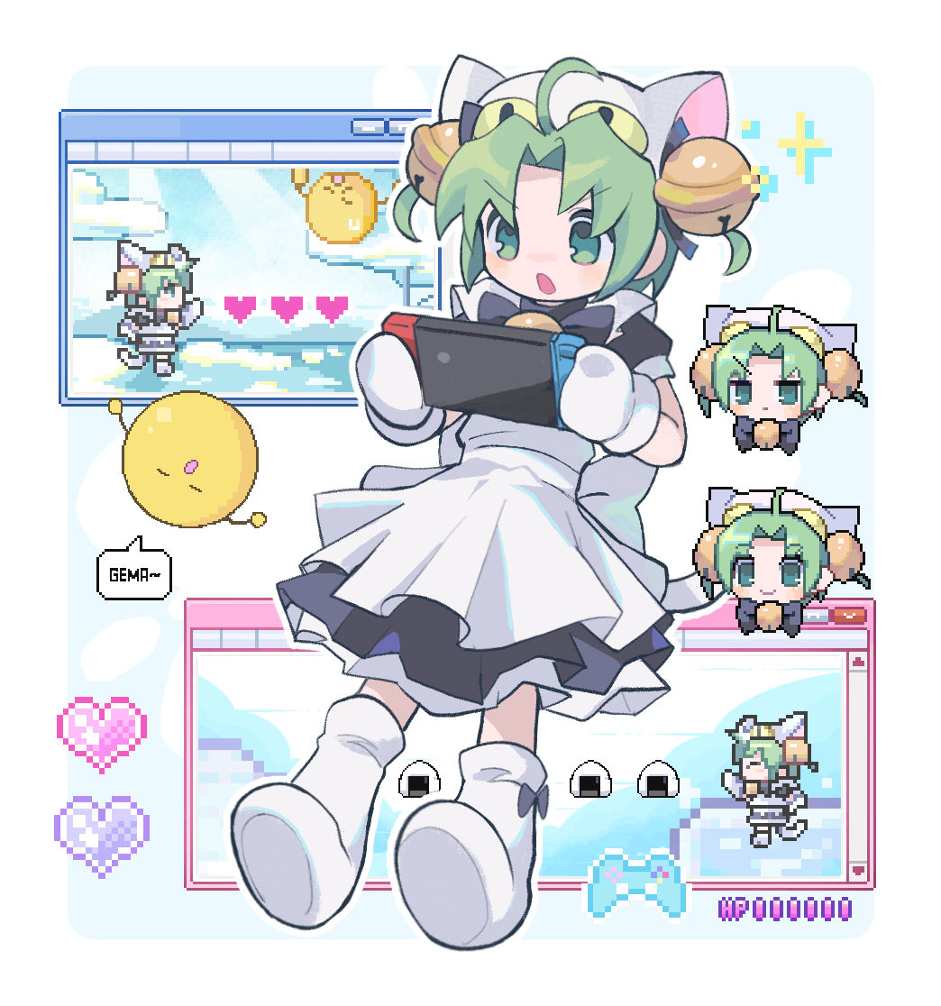 1girl :o ahoge animal_hat apron back_bow bell blue_eyes bow bowtie cat_hat cat_tail dejiko di_gi_charat dress food gema green_eyes green_hair hair_intakes handheld_game_console hat heart holding holding_handheld_game_console jingle_bell maid_apron mittens morizo_(morizoshop) multicolored_eyes neck_bell nintendo_switch onigiri open_mouth pixel_art purple_bow purple_bowtie purple_dress socks tail v-shaped_eyebrows white_apron white_bow white_headwear white_mittens white_socks window_(computing)