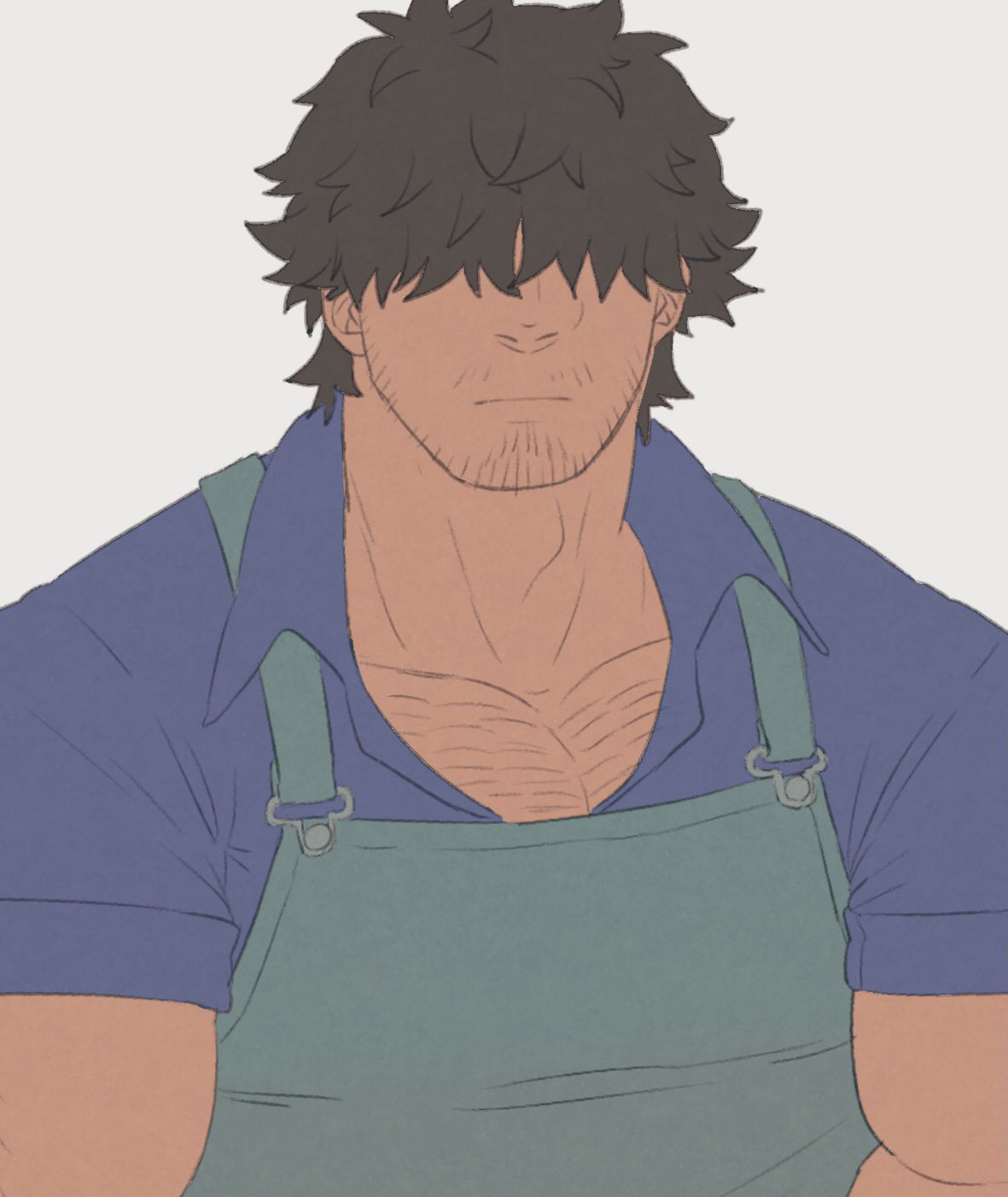 1boy apron bara beard_stubble collared_shirt dark-skinned_male dark_skin facing_viewer flat_color green_apron hair_over_eyes highres large_pectorals male_focus mature_male muscular muscular_male mustache_stubble nogitu original pectoral_cleavage pectorals shirt short_hair solo thick_eyebrows upper_body