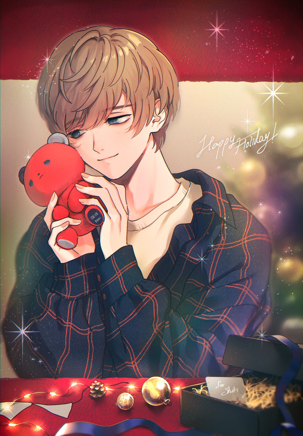 1boy ando_shiki blue_eyes blue_sweater box brown_hair character_name christmas_lights christmas_tree gift gift_box happy_birthday highres holding holding_stuffed_toy male_focus multicolored_sweater orange_sweater ornament paradox_live plaid plaid_sweater pochiritaroo shirt short_hair solo stuffed_animal stuffed_toy sweater teddy_bear yellow_shirt