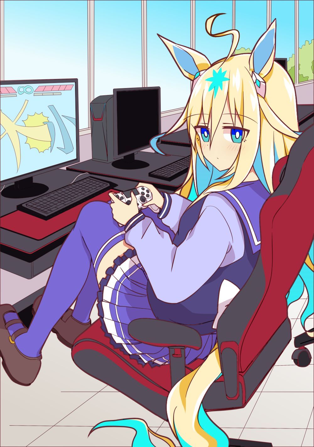 ahoge animal_ears blonde_hair blue_eyes chair commentary_request expressionless highres horse_ears horse_tail long_hair looking_at_viewer multicolored_hair neo_universe_(umamusume) playing_games school_uniform sitting tail thighhighs tracen_school_uniform two-tone_hair umamusume wahiko_(black_bastard) window
