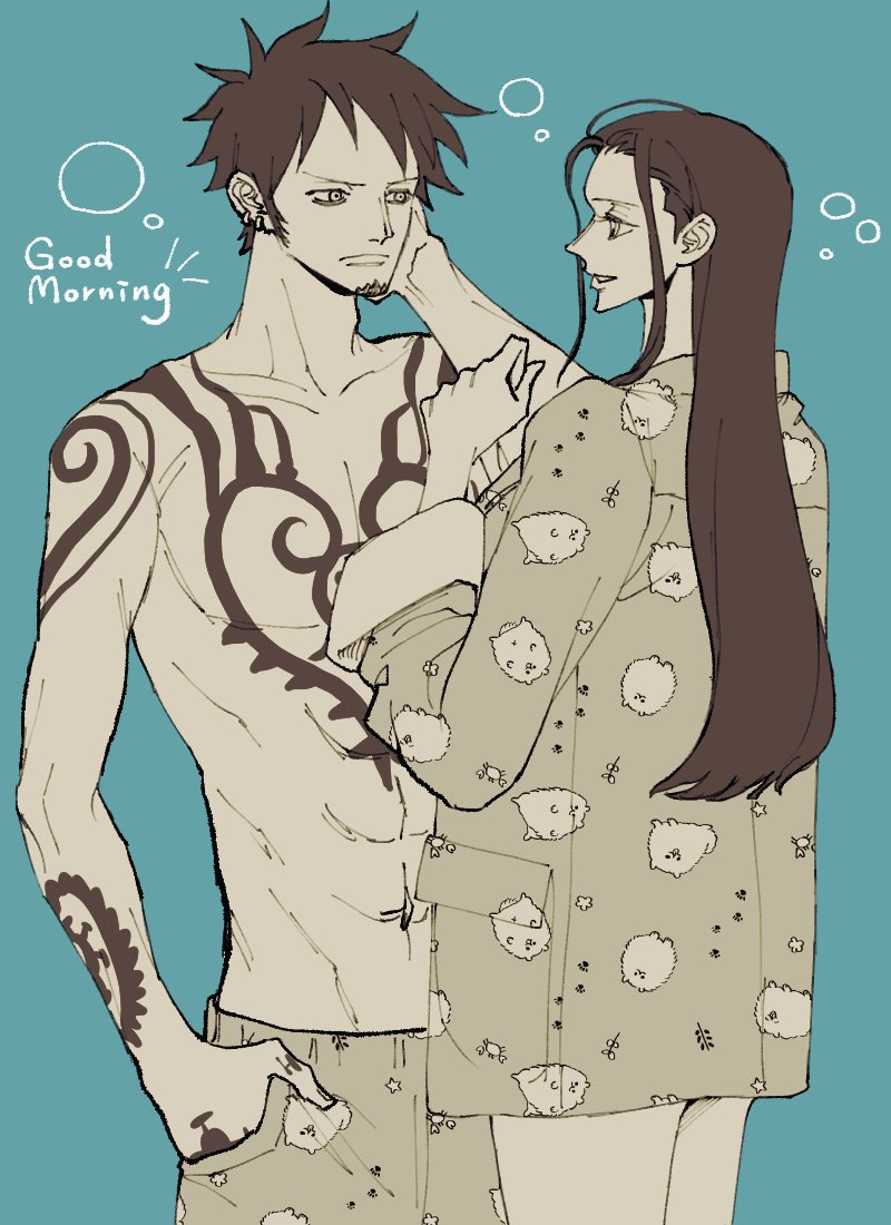 1boy 1girl abs arm_tattoo bare_legs borrowed_clothes breasts chest_tattoo closed_mouth collarbone commentary_request couple earrings english_text facial_hair goatee hand_in_pocket hand_tattoo hetero jewelry long_hair long_sleeves looking_at_another navel nico_robin nsgw one_piece pajamas pants parted_lips shirt short_hair shoulder_tattoo simple_background smile tattoo toned toned_male topless_male trafalgar_law