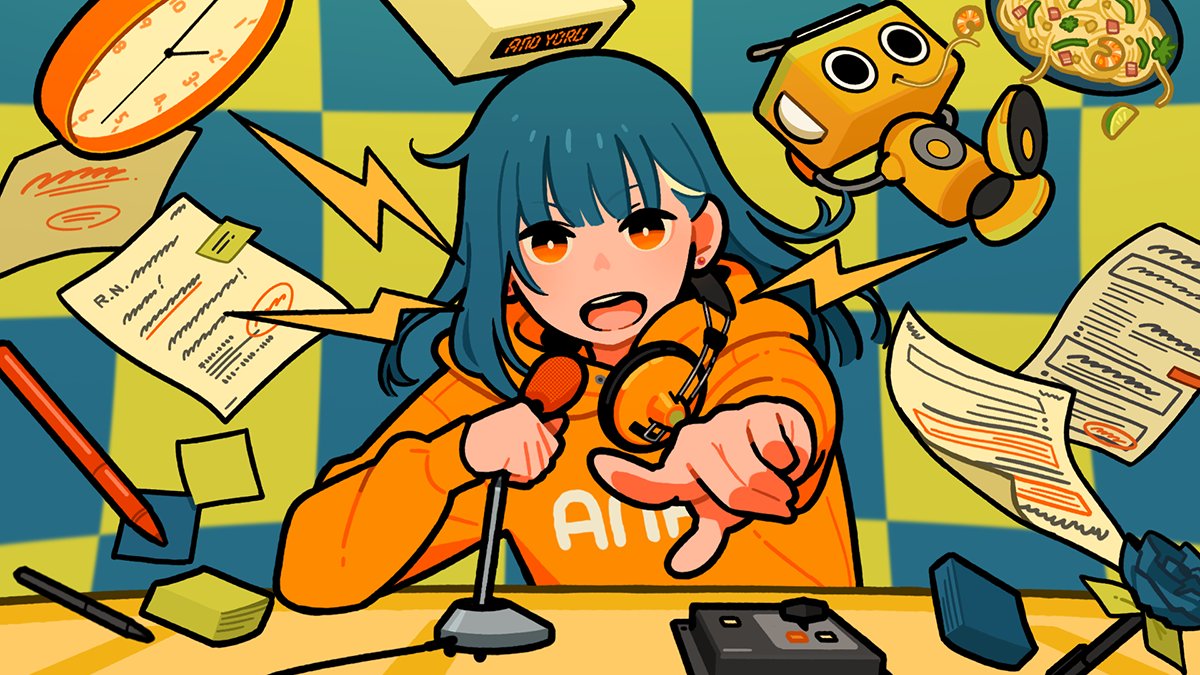 1girl bright_pupils clock earrings food headphones headphones_around_neck hood hood_down hoodie jewelry lightning_bolt_symbol looking_at_viewer microphone miyoshi_yoshimi noodles open_mouth orange_eyes orange_hoodie original paper pen pointing pointing_at_viewer shrimp solo sticky_note upper_body white_pupils