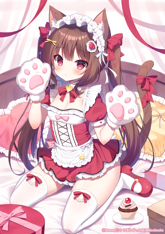 1girl :o animal_ear_fluff animal_ears animal_hands bed blush bonnet bow bowtie box breasts brown_hair cat_ears cat_girl cat_tail collar commentary_request cross-laced_clothes cross-laced_dress cupcake double-parted_bangs dress food food-themed_hair_ornament frilled_bonnet frilled_collar frilled_dress frilled_pillow frills gift gift_box gloves hair_between_eyes hair_bow hair_ornament hands_up heart heart_pillow long_hair looking_at_viewer mary_janes mauve on_bed original parted_lips paw_gloves pillow plate pleated_dress puffy_short_sleeves puffy_sleeves red_bow red_dress red_eyes red_footwear shoes short_sleeves sitting small_breasts solo strawberry_hair_ornament tail tail_bow tail_ornament tail_raised thighhighs twintails very_long_hair wariza white_gloves white_thighhighs zettai_ryouiki