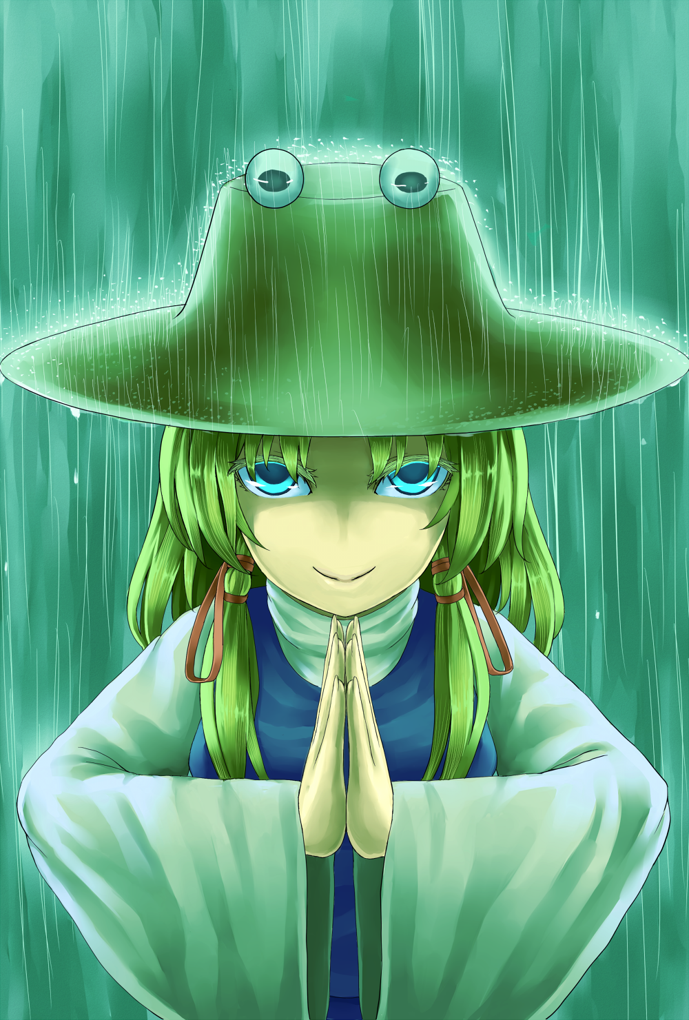 1girl blonde_hair blue_eyes blue_vest brown_headwear closed_mouth colored_eyelashes commentary_request green_background hair_ribbon hat highres long_hair long_sleeves looking_at_viewer moriya_suwako own_hands_together parted_bangs praying rain red_ribbon ribbon shaded_face shirt smile solo touhou turtleneck upper_body vest wasabichan white_shirt wide_sleeves