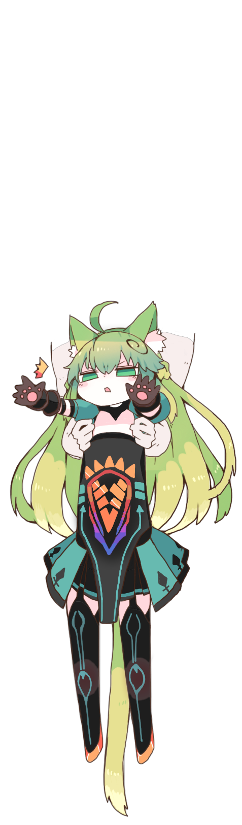 1girl ahoge animal_ear_fluff animal_ears atalanta_(fate) bangs black_legwear cat_ears cat_girl cat_tail chibi commentary_request dangling fate/grand_order fate_(series) flat_chest full_body green_eyes green_hair hair_spread_out half-closed_eyes held_up highres long_hair mato_tsuyoi narrowed_eyes negative_space open_hands orange_footwear outstretched_arms solo_focus tail thighhighs transparent_background v-shaped_eyebrows