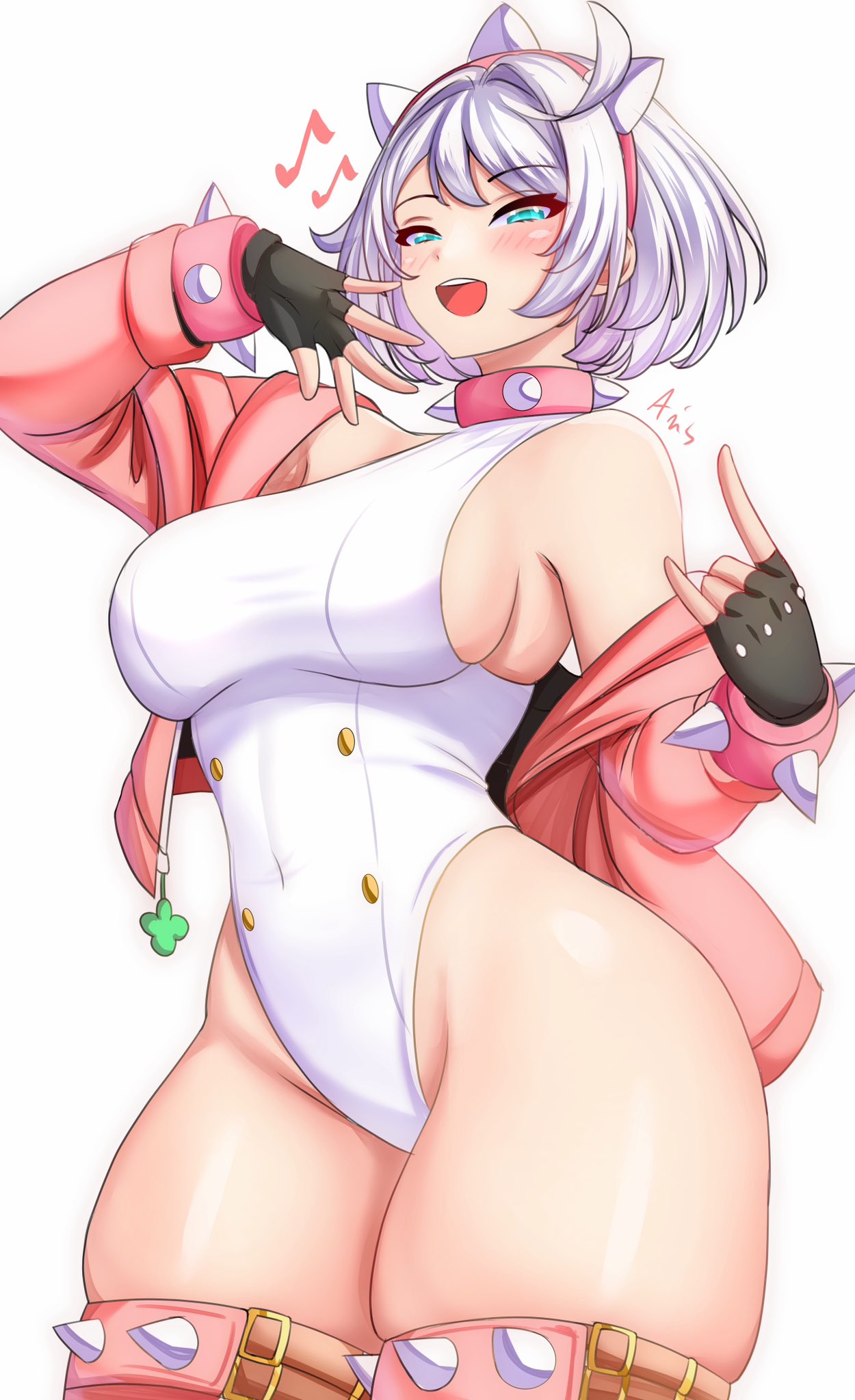 ahoge anisdrawn armlet artist_name bare_shoulders blue_eyes blush breasts collar elphelt_valentine guilty_gear guilty_gear_strive hairband highres jacket large_breasts leotard musical_note navel pink_collar pink_jacket short_hair sideboob skin_tight spikes thighs white_hair white_leotard