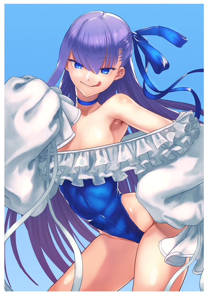 1girl :q batayu blue_choker blue_eyes blue_one-piece_swimsuit blue_ribbon breasts choker commentary_request cowboy_shot fate/grand_order fate_(series) frilled_one-piece_swimsuit frills hair_ribbon highleg highleg_swimsuit licking_lips long_hair looking_at_viewer meltryllis_(fate) meltryllis_(swimsuit_lancer)_(fate) meltryllis_(swimsuit_lancer)_(second_ascension)_(fate) one-piece_swimsuit purple_hair ribbon sleeves_past_fingers sleeves_past_wrists small_breasts solo strapless strapless_one-piece_swimsuit swimsuit tongue tongue_out