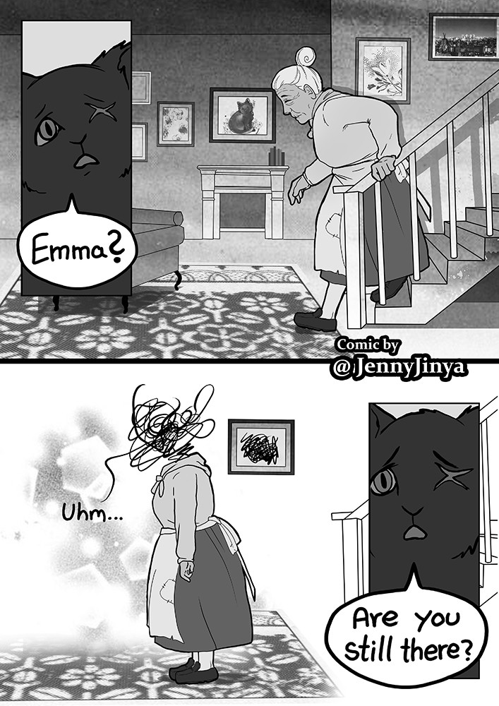ambiguous_gender apron carpet chair clothing dialogue domestic_cat english_text eyes_closed felid feline felis female female_(lore) feral fireplace furniture greyscale human inside jenny_jinya loving_reaper mammal missing_eye monochrome photo scar stairs text worried wrinkles
