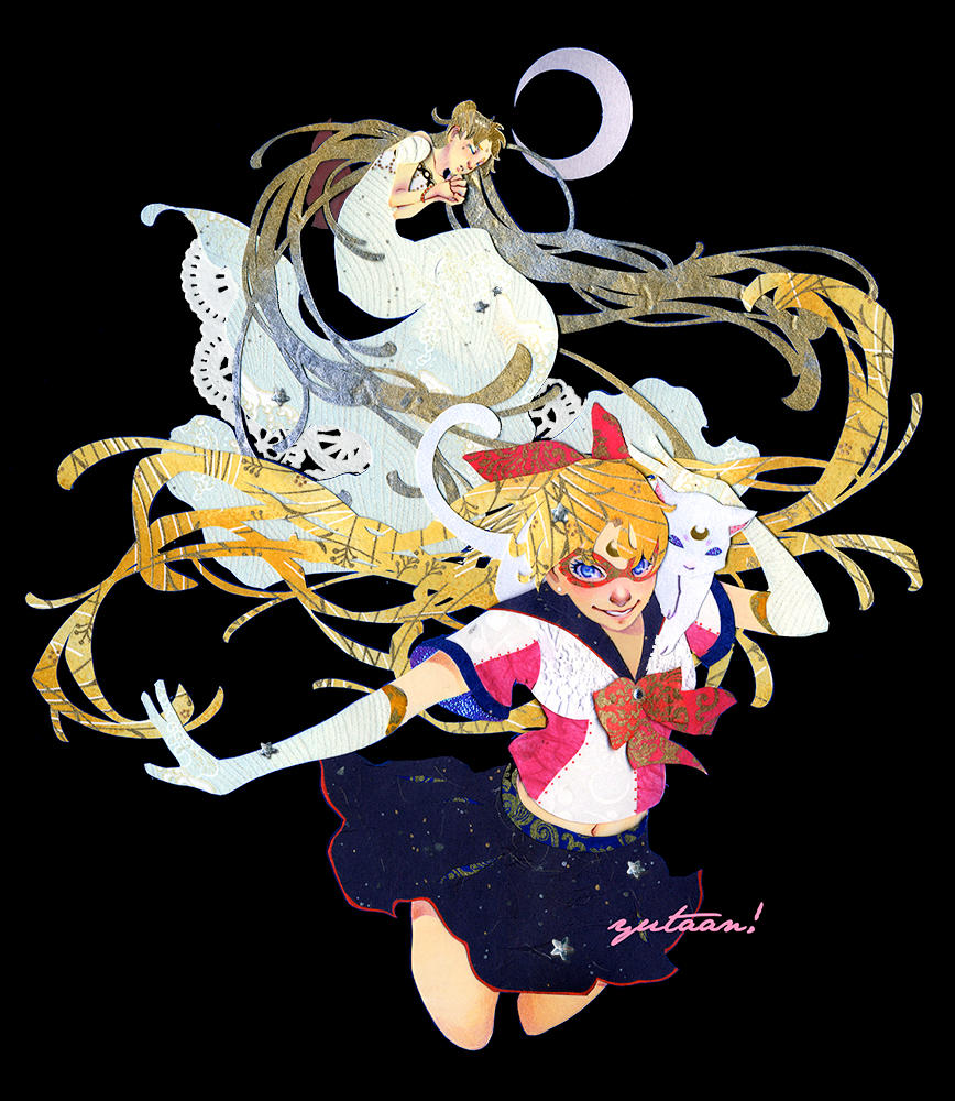 2girls animal_on_shoulder artemis_(sailor_moon) artist_name bishoujo_senshi_sailor_moon black_background blonde_hair blue_eyes blue_sailor_collar blue_skirt bow bowtie bracelet cat cat_on_shoulder closed_eyes codename_wa_sailor_v collared_shirt commentary commission crescent_moon double_bun dress elbow_gloves english_commentary eye_mask facial_mark floating_hair forehead_mark full_body gloves hair_bow hair_bun hand_on_animal interlocked_fingers jewelry lace-trimmed_dress lace_trim long_dress long_hair magical_girl midriff miniskirt moon multiple_girls navel open_mouth own_hands_clasped own_hands_together petting pleated_skirt princess_serenity puffy_short_sleeves puffy_sleeves red-framed_eyewear red_bow red_bowtie sailor_collar sailor_v school_uniform serafuku shirt short_sleeves simple_background skirt smile teeth twintails vertical-striped_sleeves very_long_hair white_cat white_dress white_gloves white_shirt white_sleeves yutaan