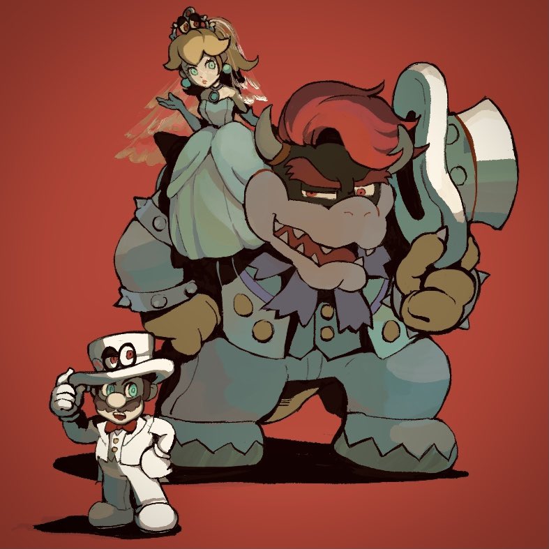 1girl 2boys aqua_eyes armlet blonde_hair bowser bowser_(tuxedo) bracelet bridal_veil brown_hair buttons cappy_(mario) closed_mouth commentary_request dress earrings elbow_gloves facial_hair gloves hand_on_headwear hand_on_own_hip hand_up hat high_ponytail holding holding_clothes holding_hat horns jacket jewelry lapels long_hair long_sleeves looking_at_viewer mario mario_(series) mario_(tuxedo) multiple_boys mustache open_clothes open_jacket open_mouth pants ponytail princess_peach princess_peach_(wedding) red_background red_eyes red_hair rinabee_(rinabele0120) sharp_teeth shoes short_hair simple_background sitting sitting_on_shoulder smile sphere_earrings spiked_armlet spiked_bracelet spikes standing strapless strapless_dress super_mario_odyssey teeth tiara tiara_(mario) top_hat unworn_hat unworn_headwear upper_teeth_only veil vest white_dress white_footwear white_gloves white_headwear white_jacket white_pants white_vest