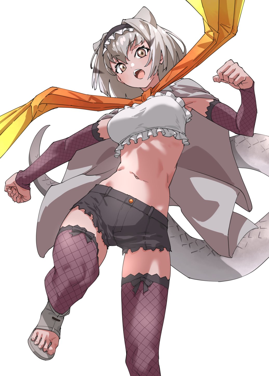blush bow bowtie cape crop_top cutoffs detached_sleeves extra_ears fishnet_gloves fishnet_thighhighs fishnets frilled_hairband frilled_lizard_(ex)_(kemono_friends) frilled_thighhighs frills gloves grey_cape grey_footwear grey_hair grey_shorts hair_between_eyes hairband highres kemono_friends lizard_tail midriff navel open_mouth orange_bow orange_bowtie pink_sleeves pink_thighhighs reptile_girl sandals short_hair short_shorts shorts sidelocks smile tail tanabe_(fueisei) thighhighs yellow_bow yellow_bowtie yellow_eyes